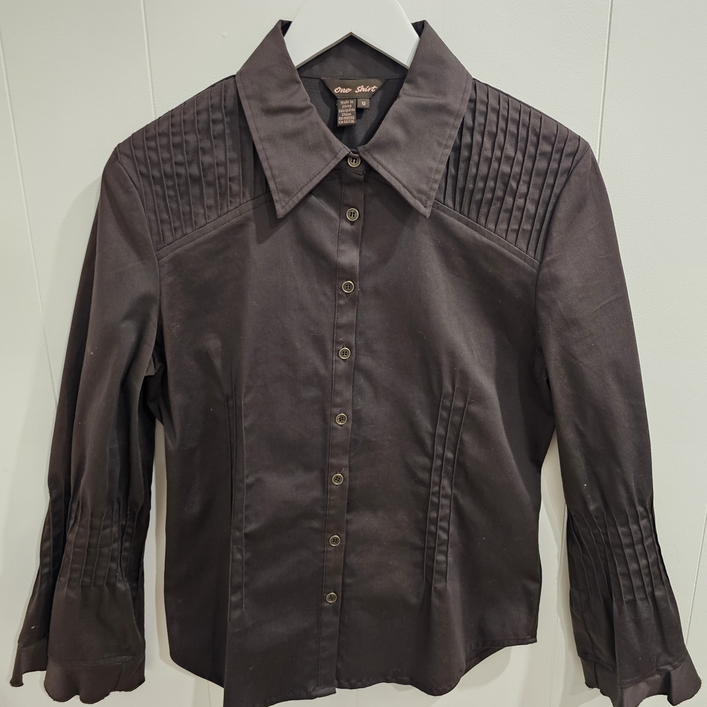 One Shirt Brown Pleated Button Down Blouse Size 12 Stretch Cotton Dark Acadamia